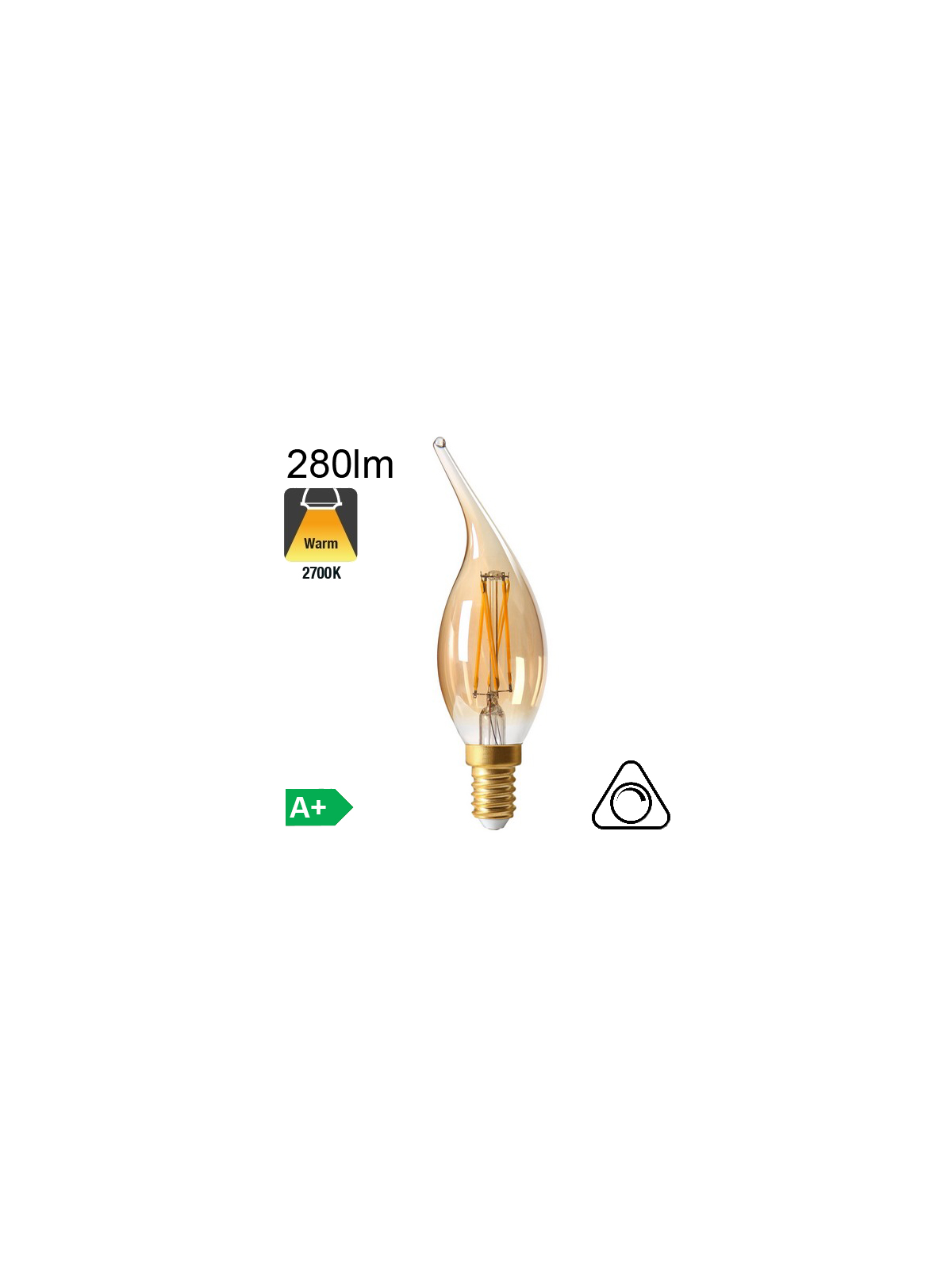 Flamme Coup de Vent Ambrée LED E14 280lm 2700K Dimmable