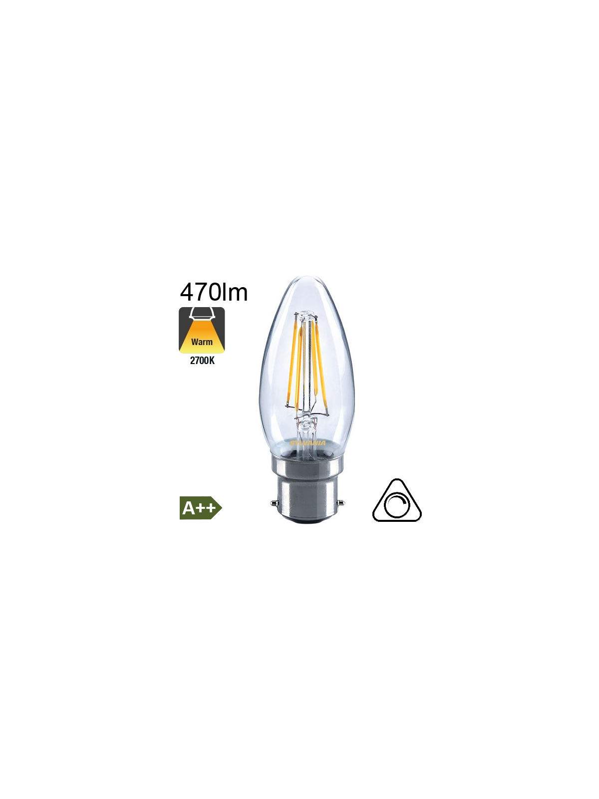 Flamme LED B22 470lm 2700K Dimmable