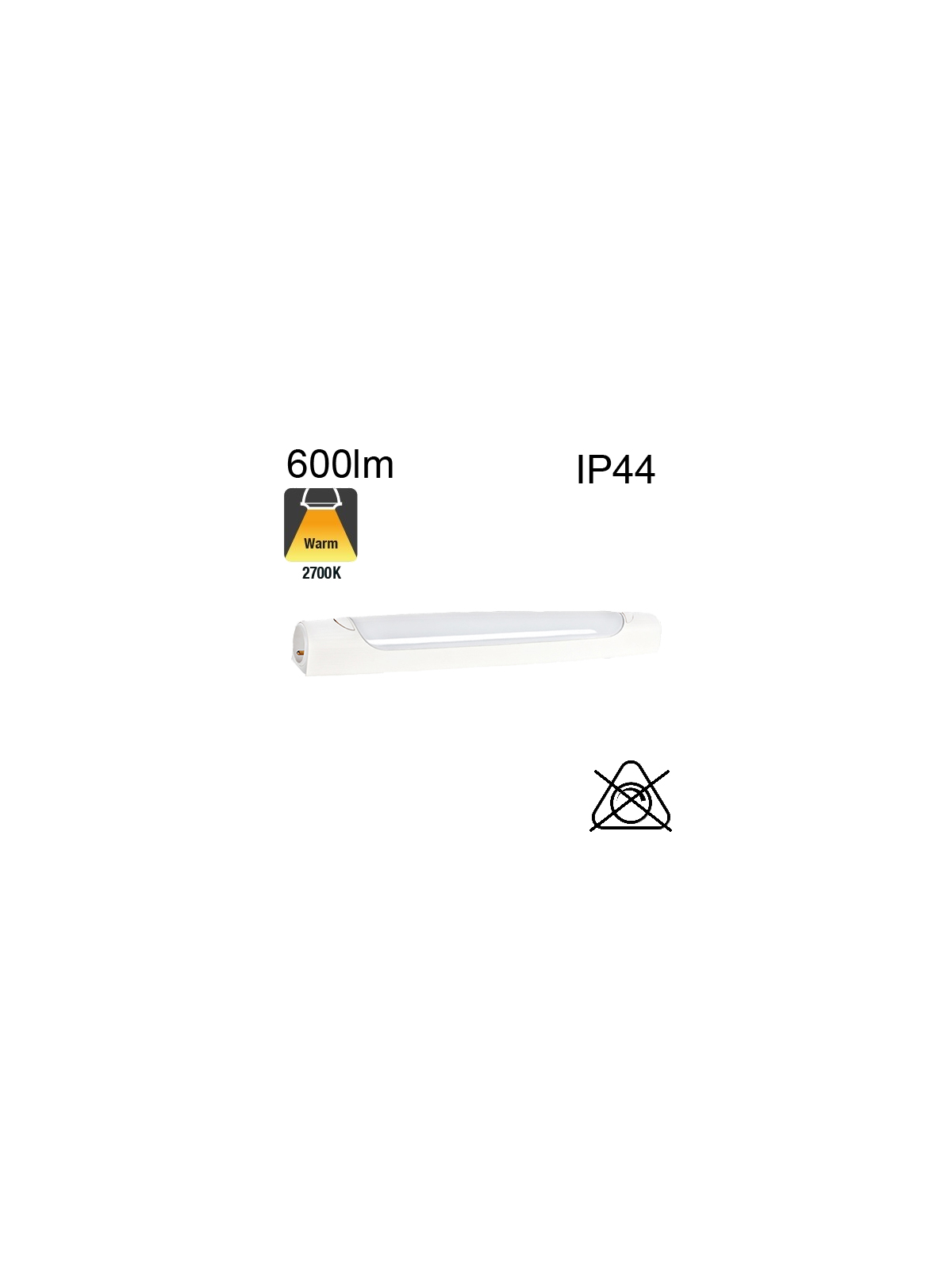 Réglette SANS inter et SANS prise Led Symétrique SdB IP44 6W 600lm 2700K