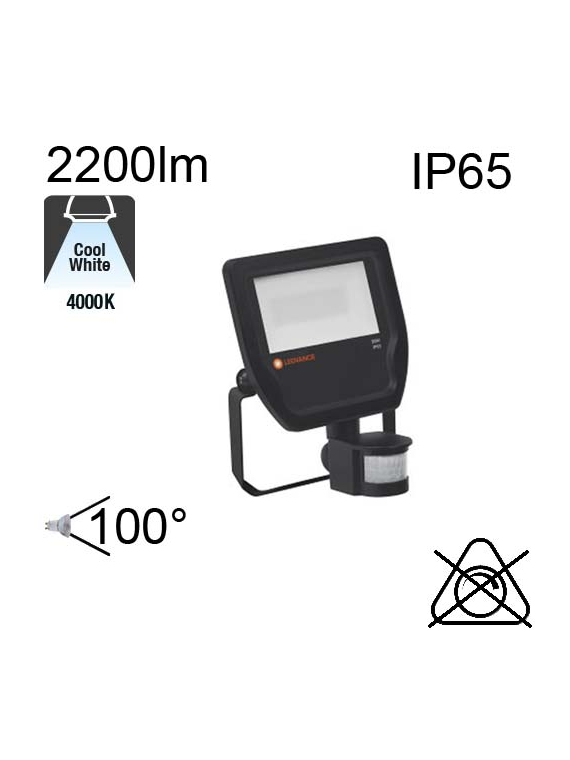 Projecteur Noir Led IP65 20w 2200lm 4000K avec détecteur