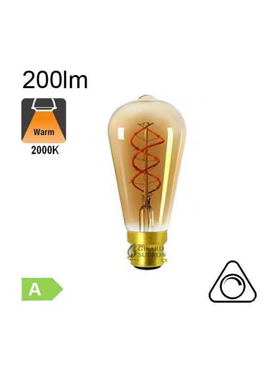 Edison Twisted Ambrée Filament LED B22 4W 200lm 2000K Dimmable