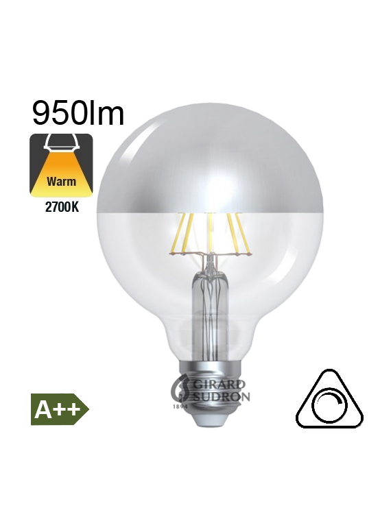 Globe Calotte Argentée Ø95 Filament LED E27 8W 950lm 2700K Dimmable