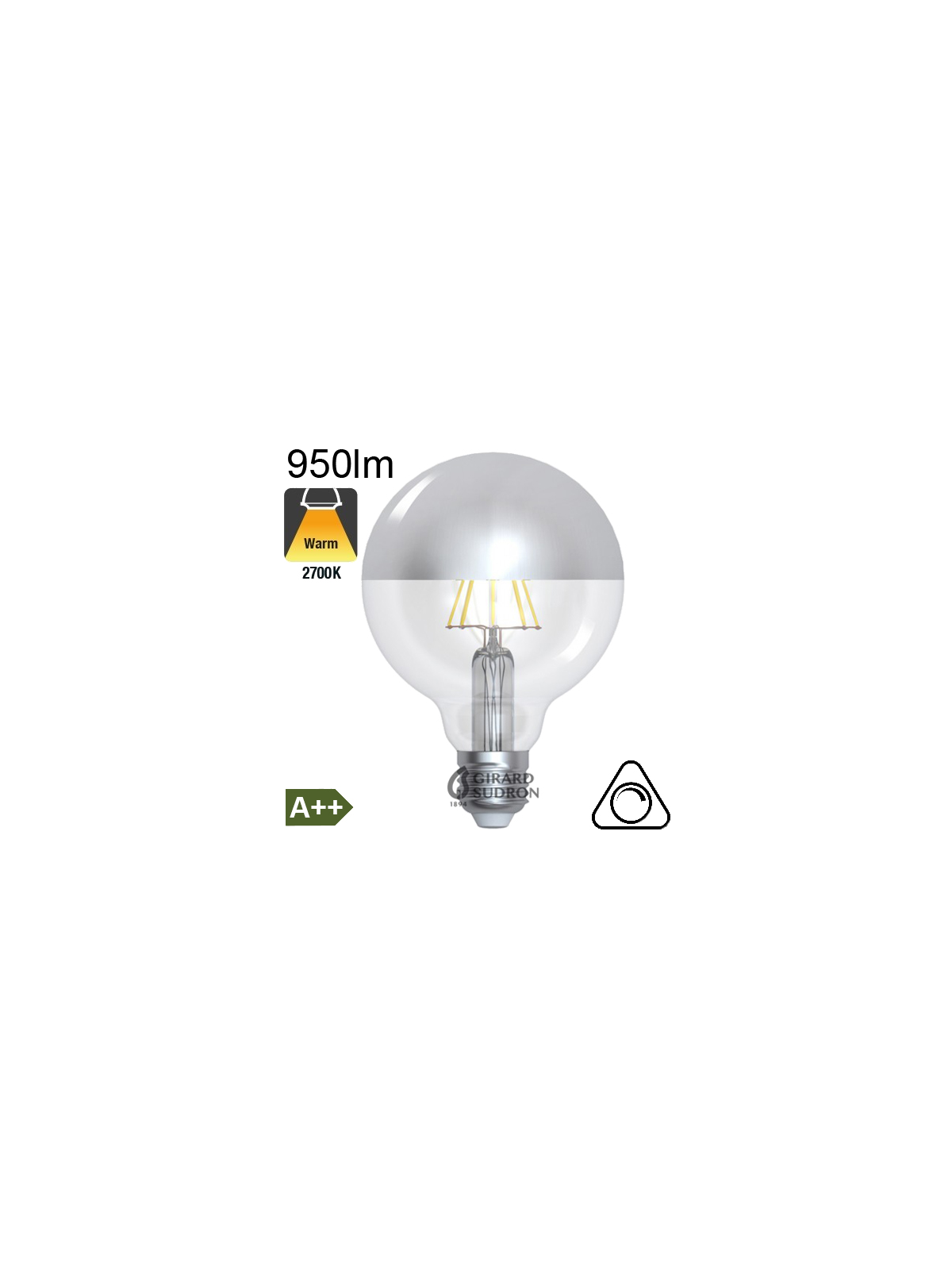 Globe Calotte Argentée Ø95 Filament LED E27 8W 950lm 2700K Dimmable