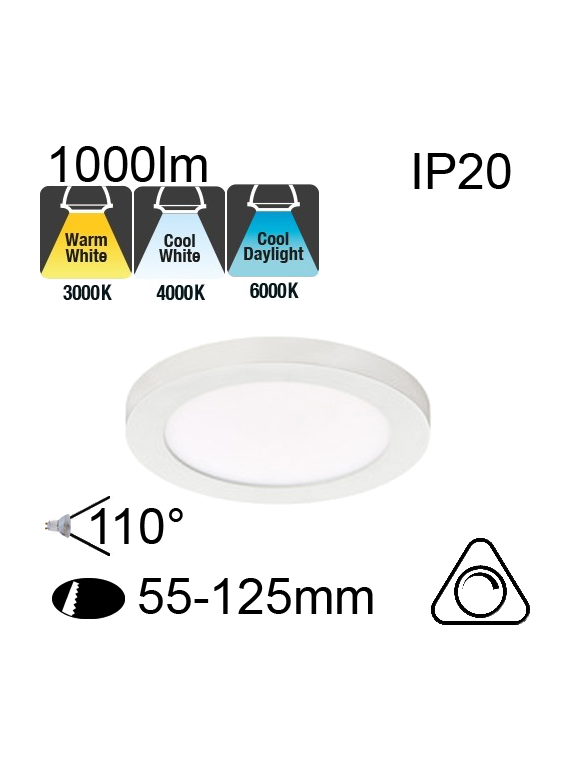 Downlight Blanc IP20 12W 1000lm CCT 3000K/4000K/6000K Dimmable