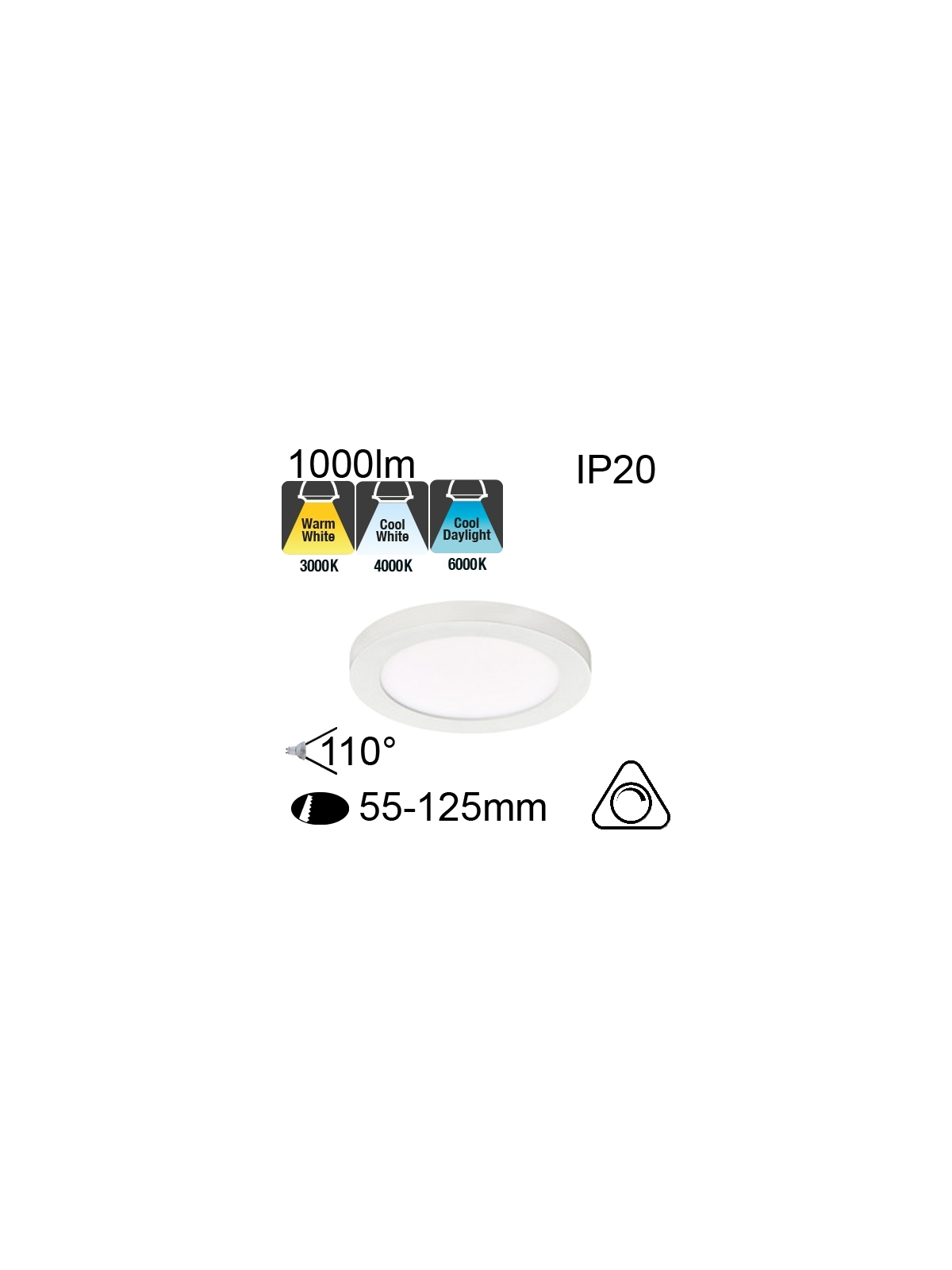 Downlight Blanc IP20 12W 1000lm CCT 3000K/4000K/6000K Dimmable