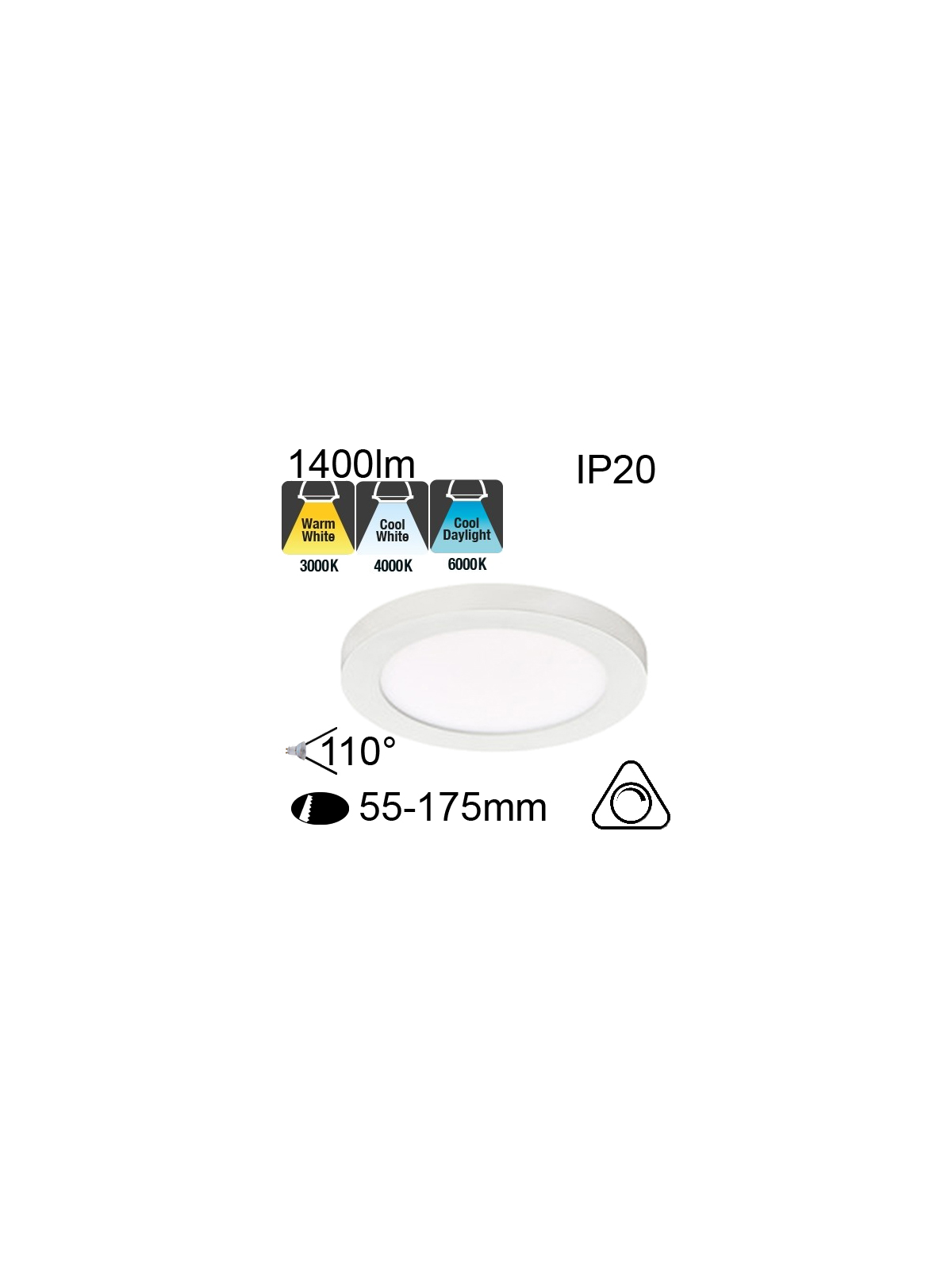 Downlight Blanc IP20 18W 1400lm CCT 3000K/4000K/6000K Dimmable